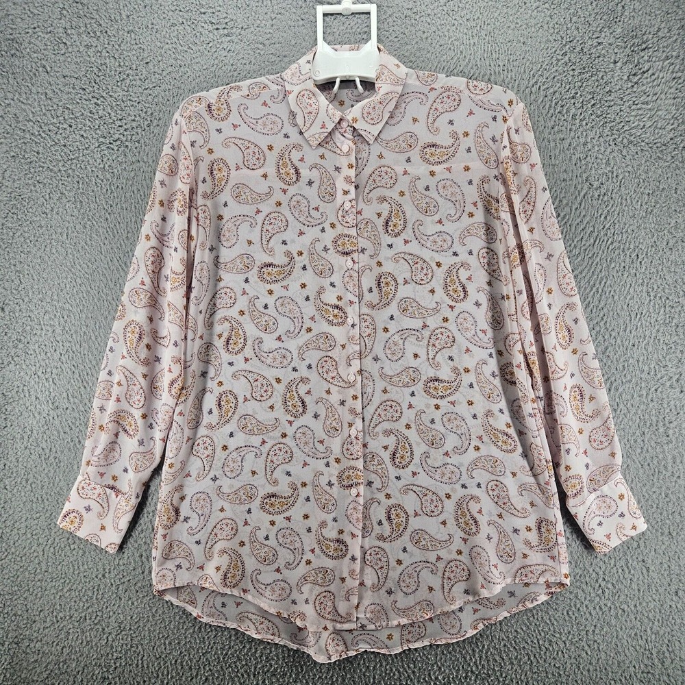 Zara Shirt Women's Size XS Paisley Print Sheer Button Down Pink Long Sleeve - XS